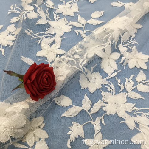 Dentelle Tulle Brodée 3D Fleur Blanc Cassé